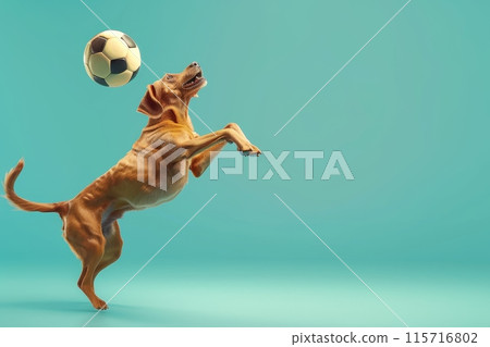 A dog is playing with a soccer ball with Generative AI A dog is playing with a soccer ball with Generative AI 115716802