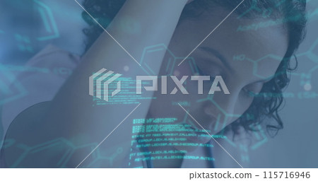 Image of medical data processing over tired biracial female doctor Image of medical data processing over tired biracial female doctor 115716946