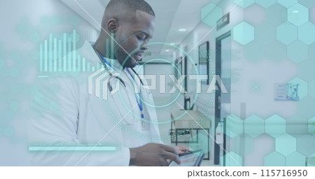 Image of medical data processing over african american male doctor Image of medical data processing over african american male doctor 115716950