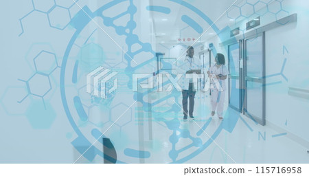 Image of dna strand medical data processing over diverse doctors in hospital Image of dna strand medical data processing over diverse doctors in hospital 115716958