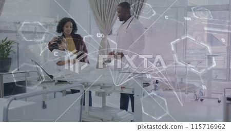 Image of medical data processing over african american male doctor with girl patient 115716962
