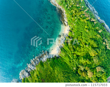 Aerial view seashore with mountains at Phuket Thailand, Beautiful seacoast view at open sea in summer season,Nature Environment and Travel background 115717033