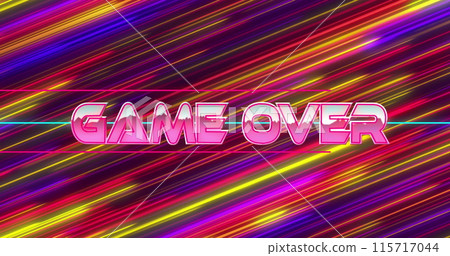 Image of game over text over neon banner against colorful light trails in seamless pattern 115717044