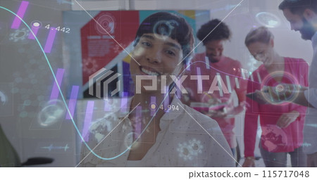 Image of financial data processing over diverse business people working at office Image of financial data processing over diverse business people working at office 115717048
