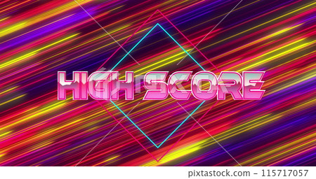 Image of high score text over neon banner against colorful light trails in seamless pattern 115717057
