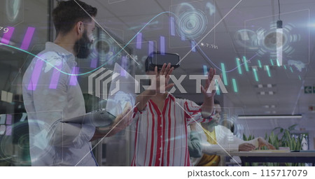 Image of financial data processing over diverse business people working at office Image of financial data processing over diverse business people working at office 115717079