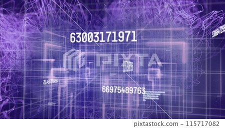 Image of numbers changing and data processing over explosion of purple light trails 115717082