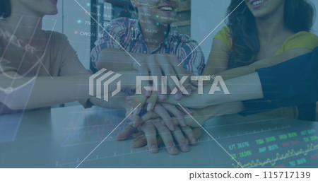 Image of financial data processing over office colleagues stacking hands Image of financial data processing over office colleagues stacking hands 115717139