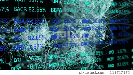 Image of financial data processing over green light trails Image of financial data processing over green light trails 115717173