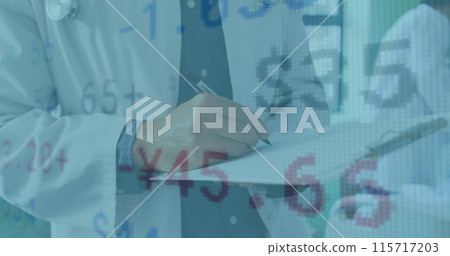 Image of financial data processing over male doctor writing Image of financial data processing over male doctor writing 115717203