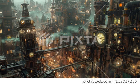 Complex steampunk city featuring towering clock towers and industrial buildings illuminated by warm, atmospheric light Complex steampunk city featuring towering clock towers and industrial buildings illuminated by warm, atmospheric light 115717219