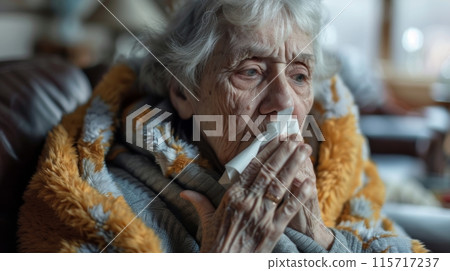 Elderly woman sitting on a couch, wrapped in a blanket and using a tissue to blow her nose 115717237