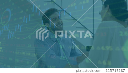 Image of financial data processing over business people shaking hands 115717287