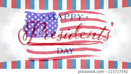 Composition of happy presidents' day text with striped border over american flag 115717342