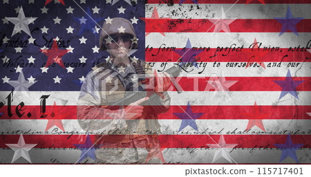 Image of soldier with american constitution text and stars over american flag 115717401