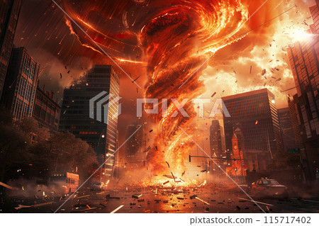 Generative ai on theme of scary huge hurricane fire tornado, apocalyptic dramatic background Generative ai on theme of scary huge hurricane fire tornado, apocalyptic dramatic background 115717402