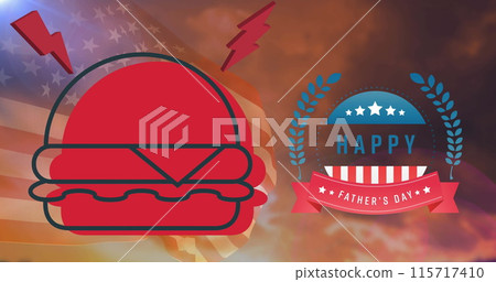 Image of happy father's day text with american flag elements, and red hamburger Image of happy father's day text with american flag elements, and red hamburger 115717410