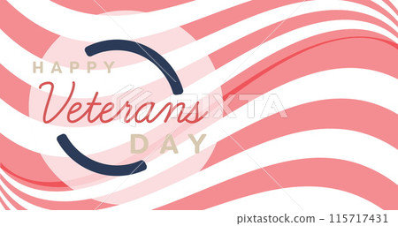 Composition of happy veterans day text, over red and white stripes of american flag 115717431