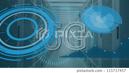 Image of 5g and processing circles over servers 115717457