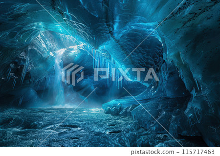 Generative ai on theme of entrance to blue ice cave covered with white snow inside a huge glacier 115717463