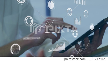 Image of financial data processing over businessmen using tablet 115717464