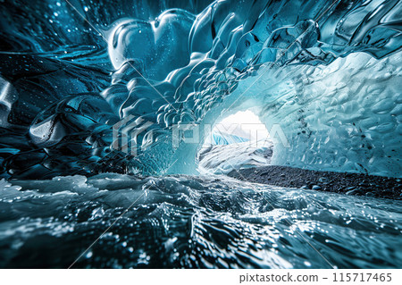 Generative ai on theme of entrance to blue ice cave covered with white snow inside a huge glacier 115717465