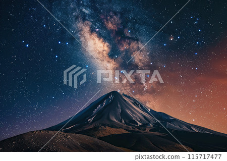 Generative ai on theme of mountain range with visible silhouettes through the morning colorful fog 115717477