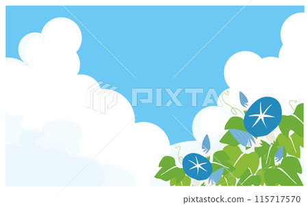 藍天雷雨雲和藍色牽牛花花背景插畫素材 115717570