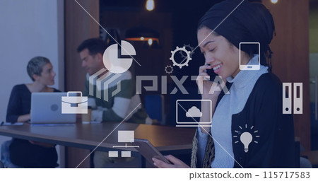 Image of falling icons over diverse group of business people Image of falling icons over diverse group of business people 115717583
