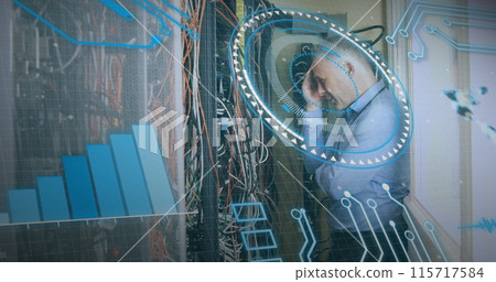 Image of data processing over caucasian server room worker Image of data processing over caucasian server room worker 115717584