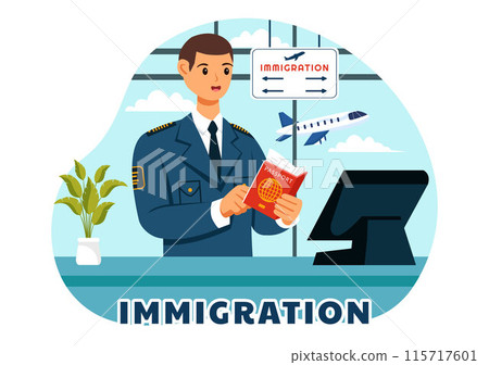 Immigration Vector Illustration, Movement of People with Document Visa and Passport for Relocating to Another Country in a Flat Cartoon Background 115717601