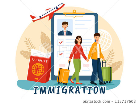 Immigration Vector Illustration, Movement of People with Document Visa and Passport for Relocating to Another Country in a Flat Cartoon Background 115717608