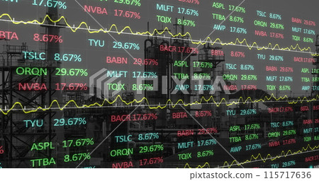 Image of crane at construction site, financial data processing and statistics 115717636