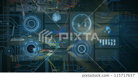 Image of data processing over caucasian female server room worker Image of data processing over caucasian female server room worker 115717637