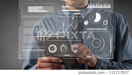 Image of financial data processing over businesswomen using tablet 115717657