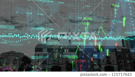 Image of crane at construction site, financial data processing and statistics 115717683