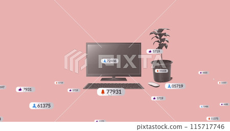 Image of media icons over computer Image of media icons over computer 115717746