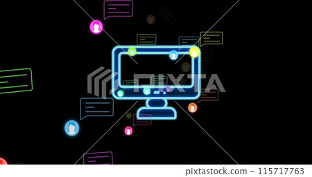 Image of media icons over computer 115717763