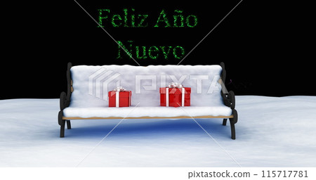 Image of feliz ano nuevo text over gifts on snow covered bench and new year fireworks at night 115717781