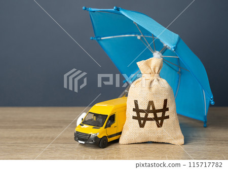 Yellow delivery van and south korean won money bag under an blue umbrella. Logistics security. Cargo and parcel insurance. Warranty obligations. Protection in conditions of military aggression Yellow delivery van and south korean won money bag under an blue umbrella. Logistics security. Cargo and parcel insurance. Warranty obligations. Protection in conditions of military aggression 115717782