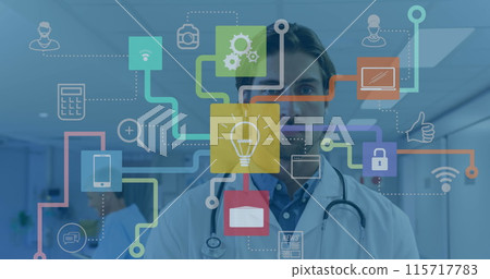 Image of network of connections with icons over caucasian male doctor at hospital Image of network of connections with icons over caucasian male doctor at hospital 115717783