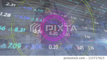 Image of data processing over caucasian male workers in workshop 115717823