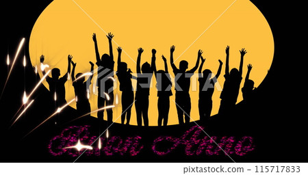Image of buon anno text in red with new year fireworks and silhouettes of celebrating people Image of buon anno text in red with new year fireworks and silhouettes of celebrating people 115717833