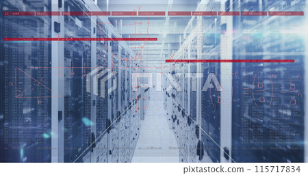 Image of mathematical equations and data processing over server room Image of mathematical equations and data processing over server room 115717834