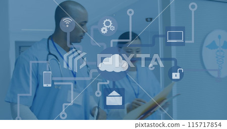 Image of network of connections with icons over diverse doctors at hospital 115717854