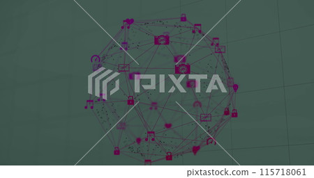 Image of globe of digital icons spinning over grid network against grey background 115718061