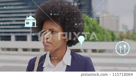Image of business icons and data over african american woman drinking coffee 115718069