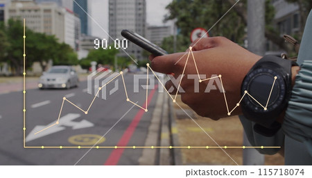 Image of business data over african american woman using smartphone 115718074