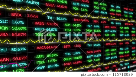 Image of data processing and stock market over black background Image of data processing and stock market over black background 115718089