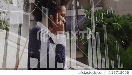 Image of business data over african american woman using smartphone 115718096